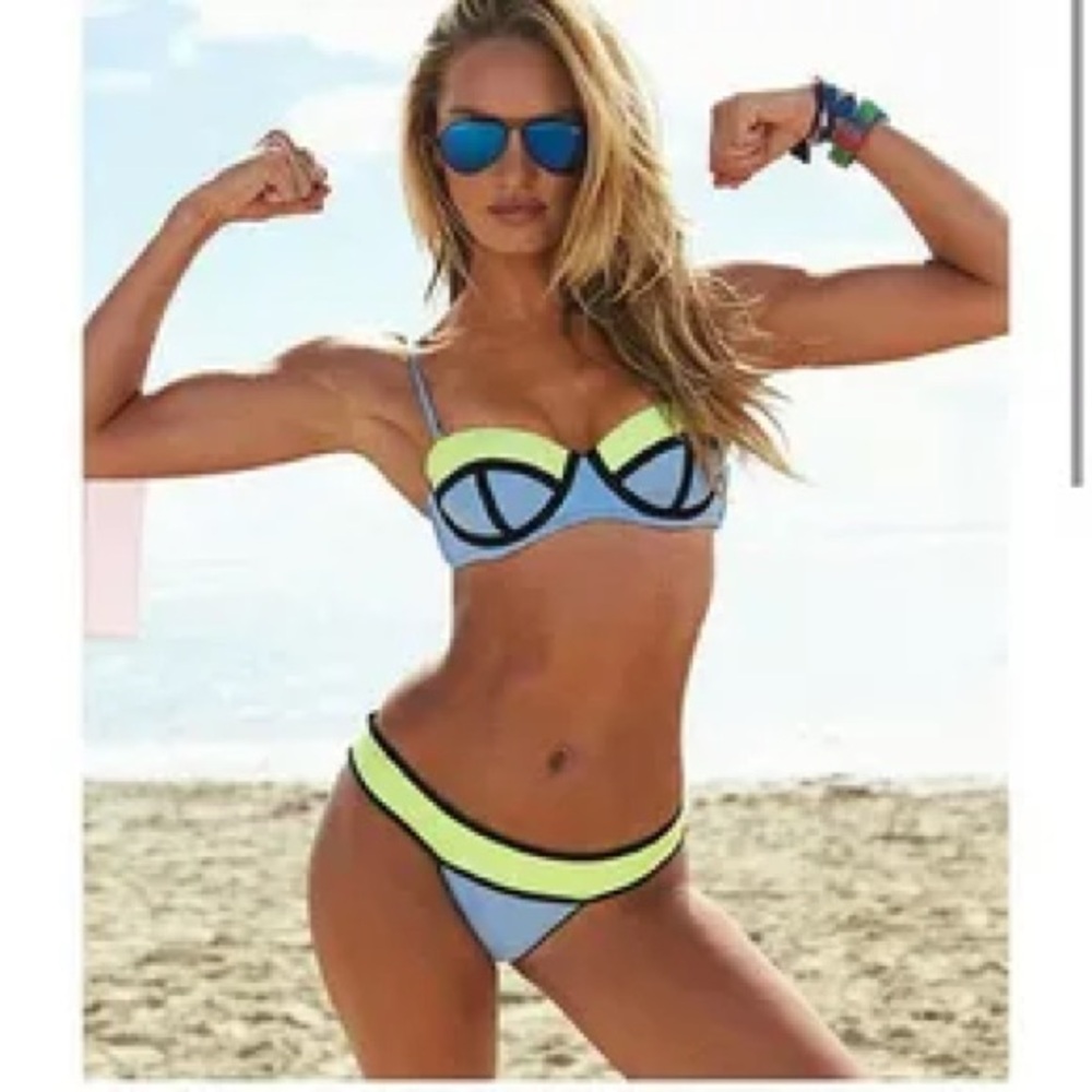 Victoria's Secret Blue / highlighted Yellow Colorblock Bra Bikini Top size 36 C - Picture 3 of 9